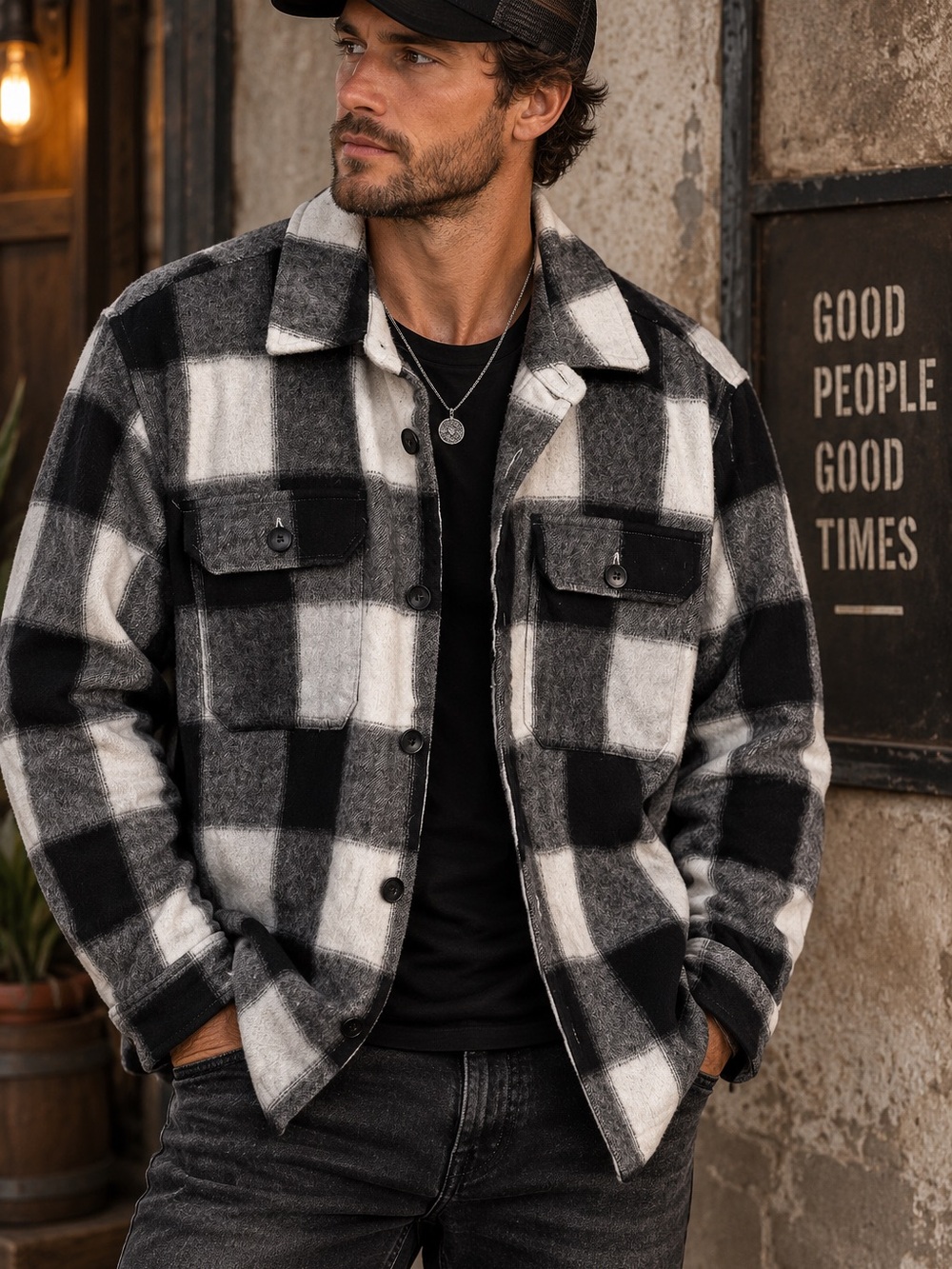 Zara Men's Black & White Plaid Button-Up Shacket